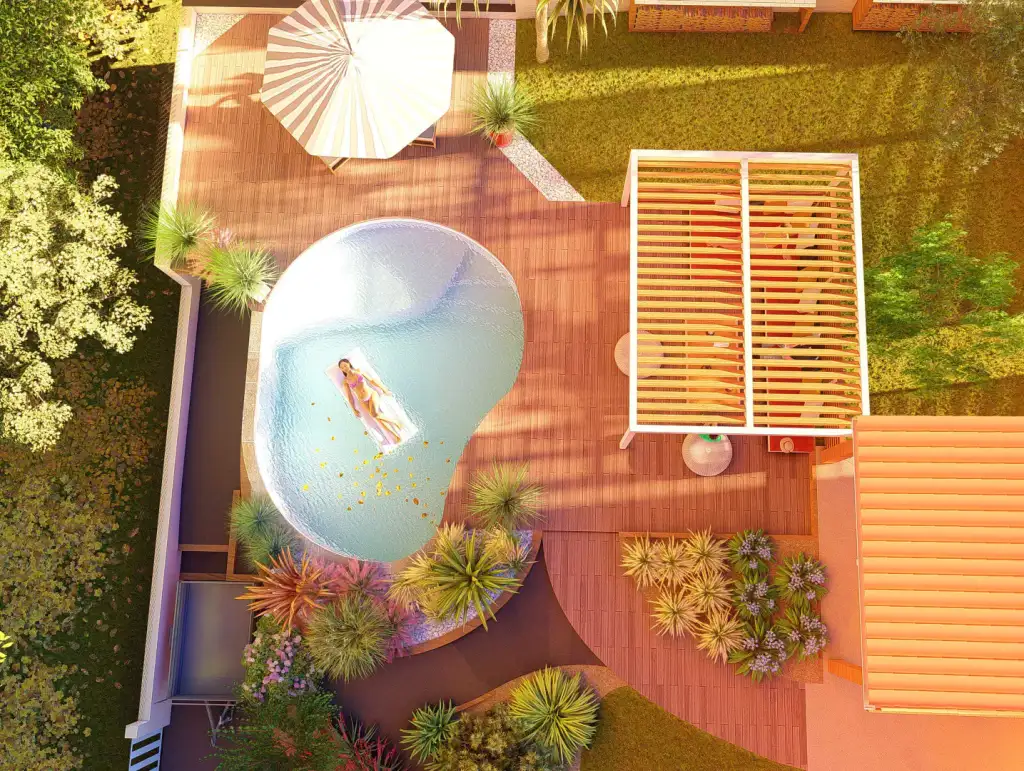 Rendu réaliste d'un jardin avec piscine et terrasse près de Toulouse