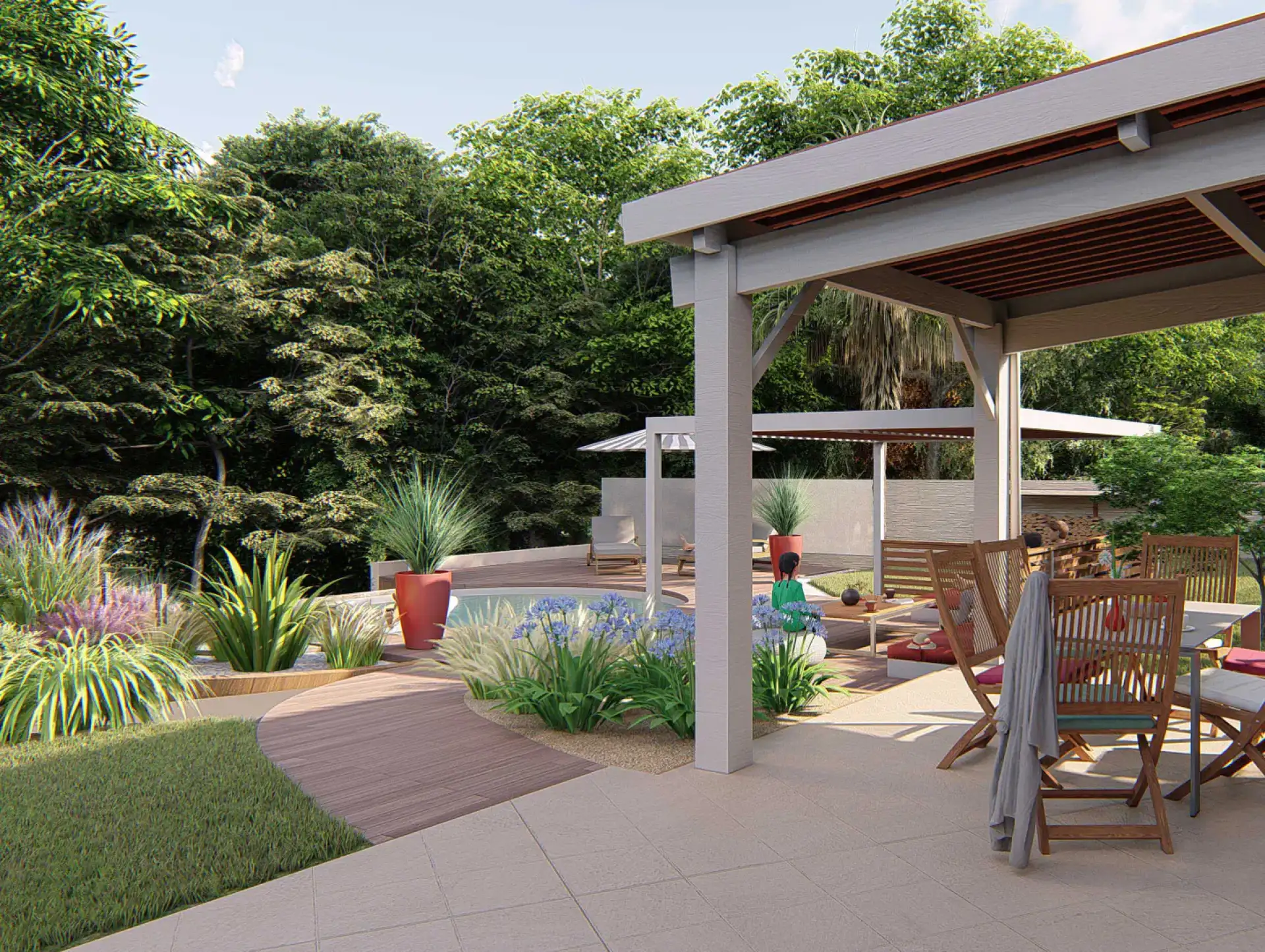 Rendu réaliste d'un jardin avec piscine et terrasse près de Toulouse