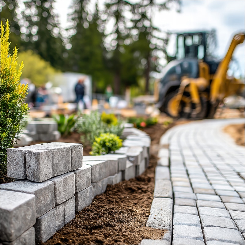 Construction d'un muret et pose de pavés gris pour un aménagement paysager extérieur. Un chargeur jaune est flou en arrière-plan du chantier.