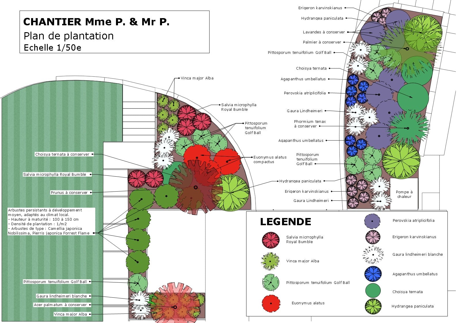 Plan de plantation détaillé 1/50e pour le Chantier Mme & Mr P. avec légende des plantes et arbustes de jardin.