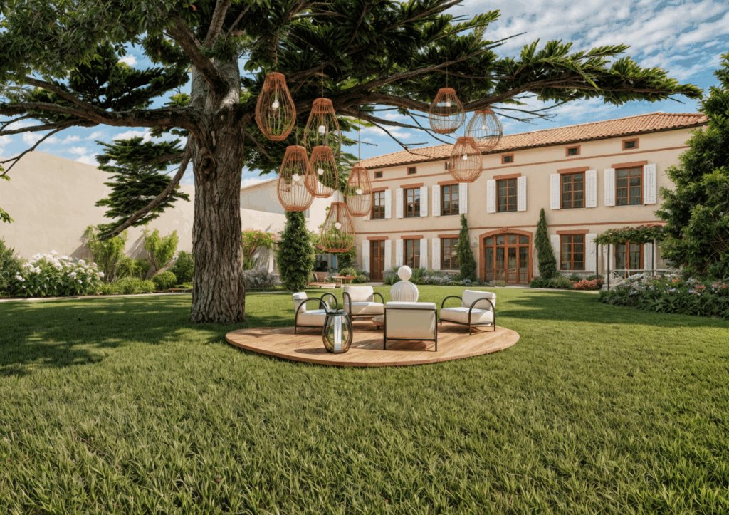 Jardin luxueux avec grand arbre, lanternes suspendues et salon de jardin moderne sur terrasse circulaire en bois.