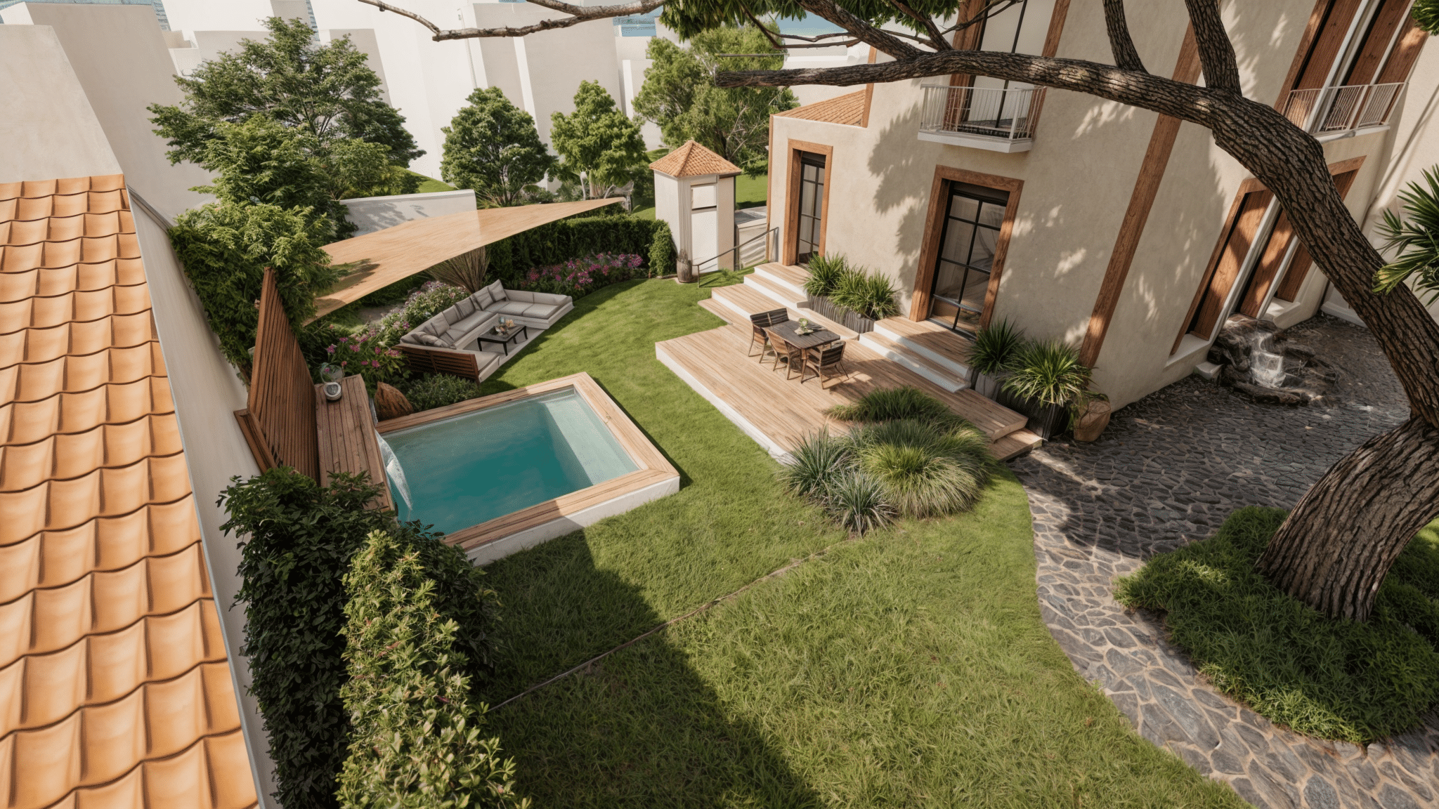 Jardin paysager moderne avec petite piscine, terrasse en bois, mobilier d'extérieur et grand arbre protecteur.