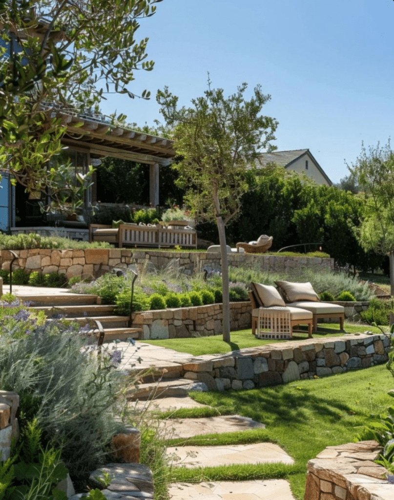 Jardin en terrasses avec murets de pierre, escaliers extérieurs et chaises longues dans un cadre verdoyant et ensoleillé.