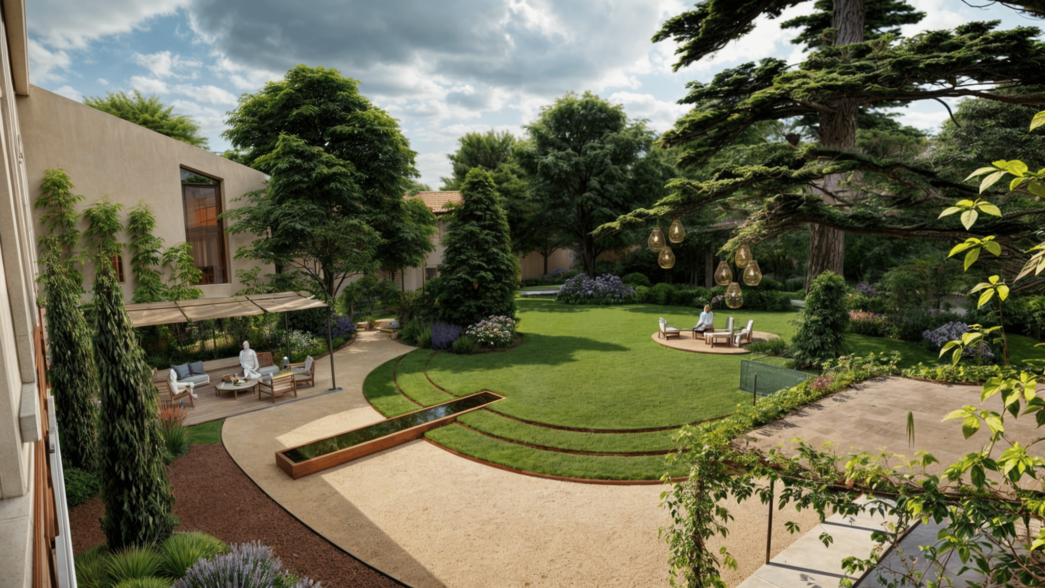 Jardin paysager moderne avec pelouse circulaire, salon de jardin, pergola et bassin d'eau décoratif.
