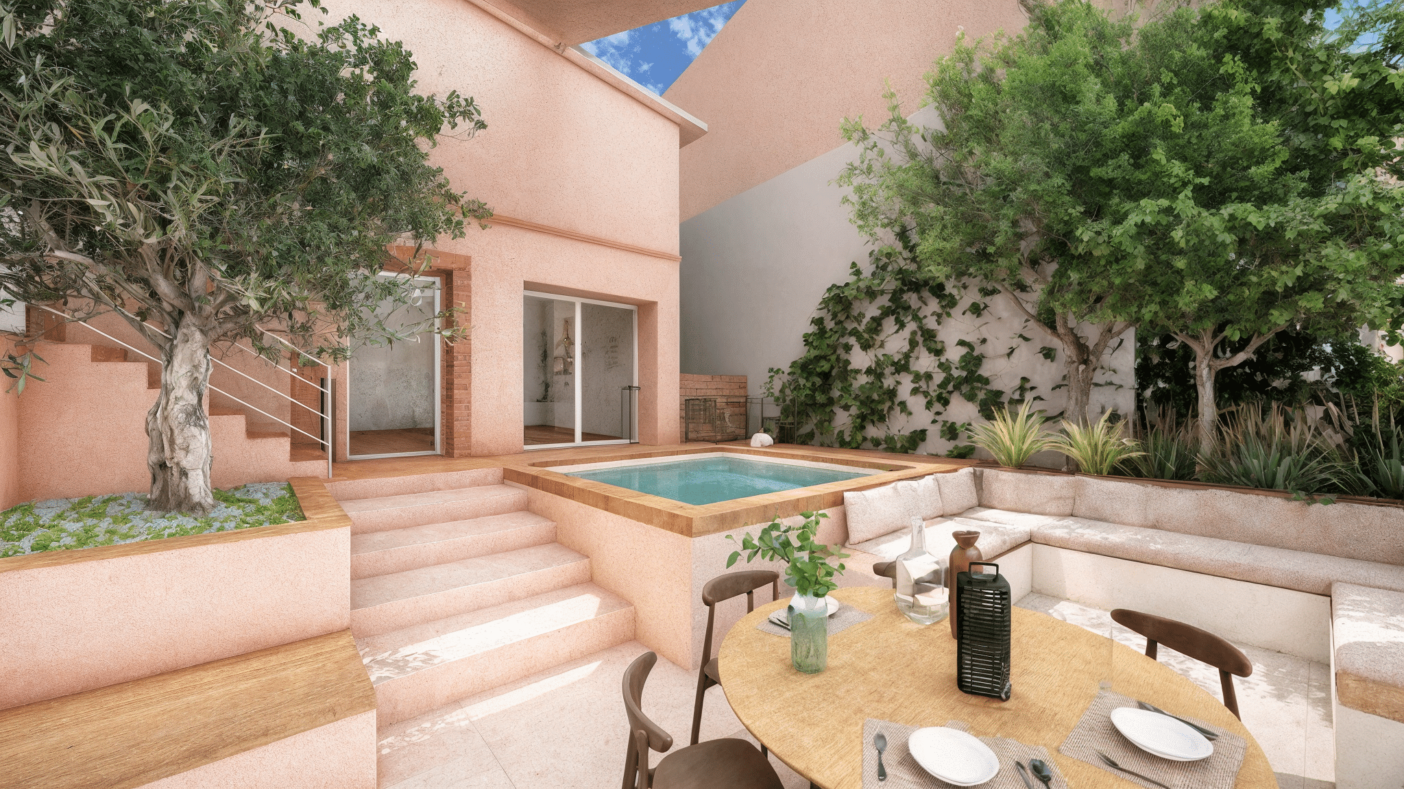 Terrasse méditerranéenne en terrazzo rose avec piscine carrée, olivier et salle à manger d'extérieur moderne.