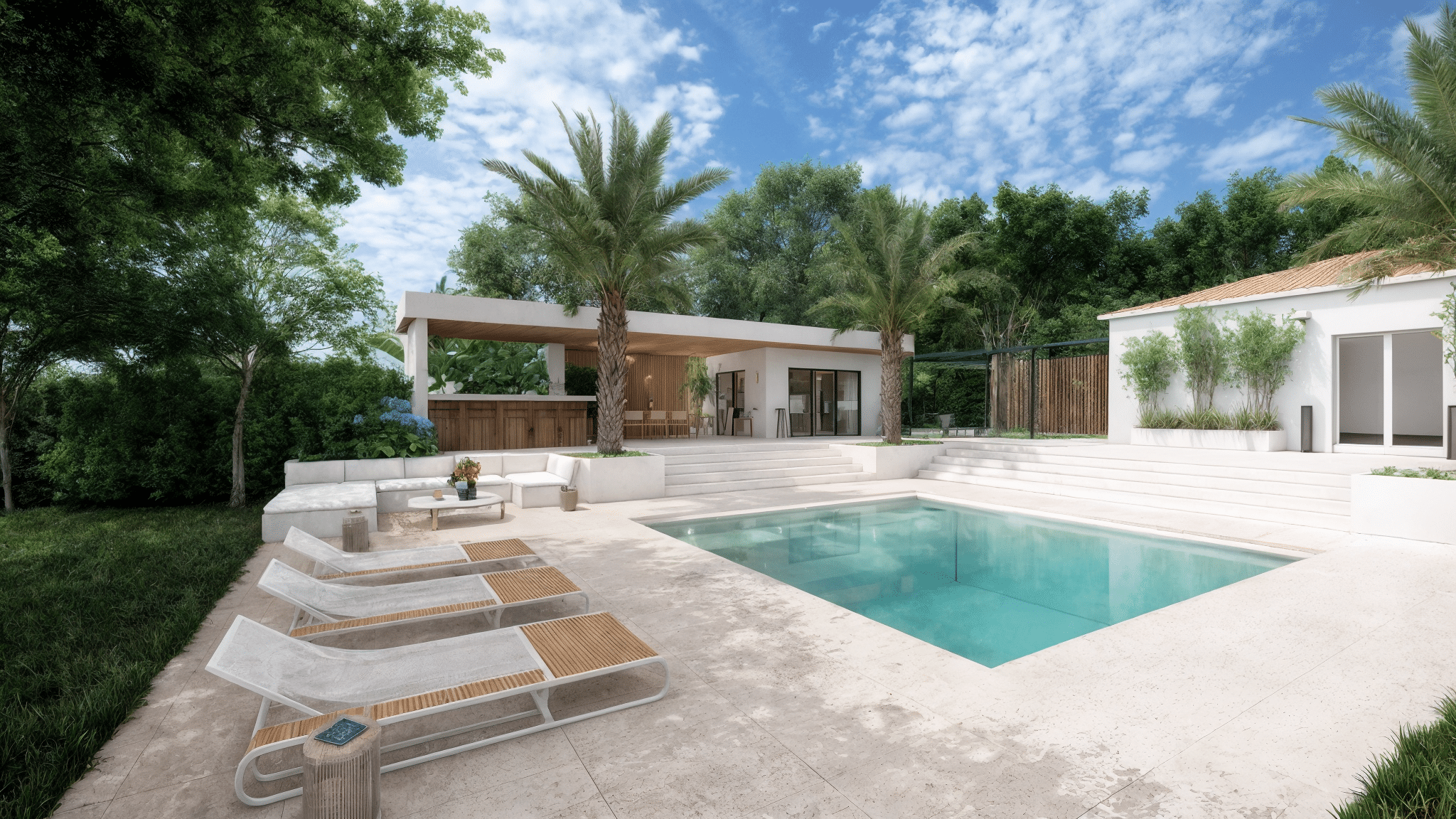Villa moderne avec piscine, transats sur terrasse en pierre, palmiers et salon extérieur sous un ciel bleu.